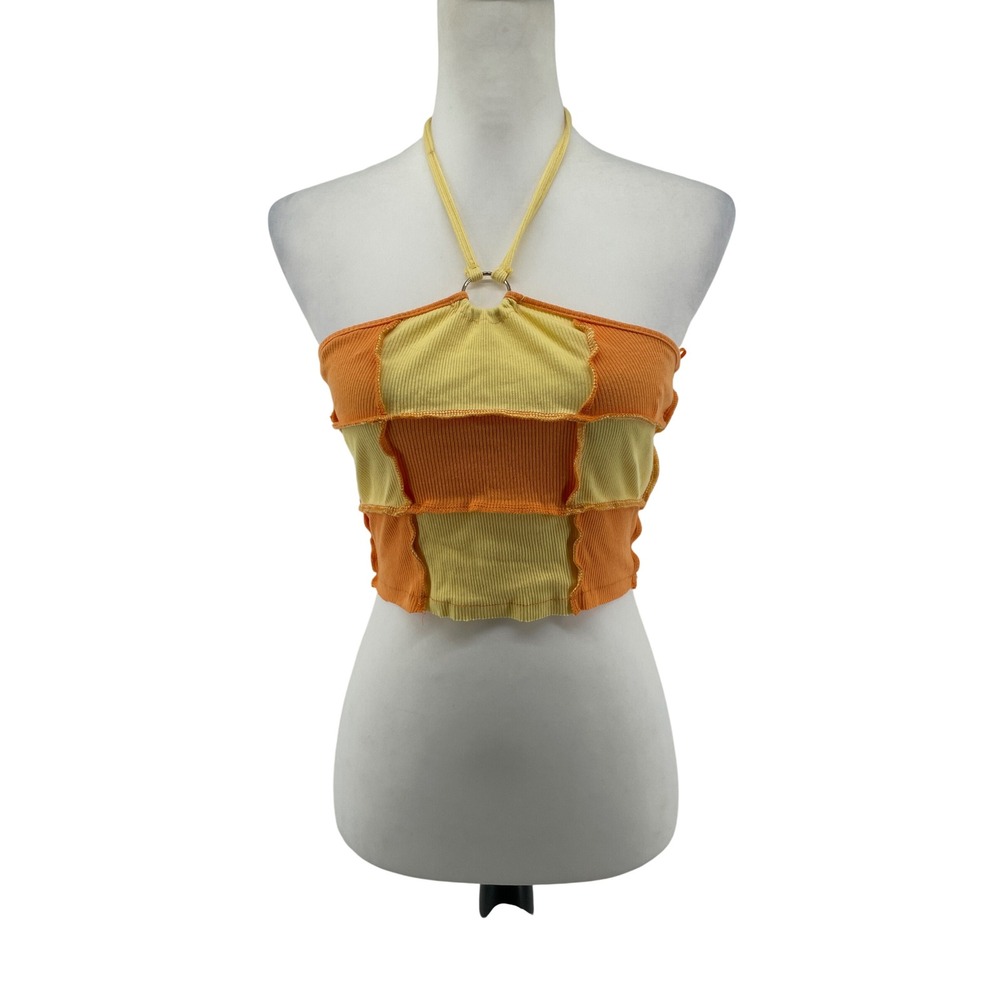 Cropped Halter Top Womens Small Orange Yellow Patchwork Y2K Indie Festival NEW